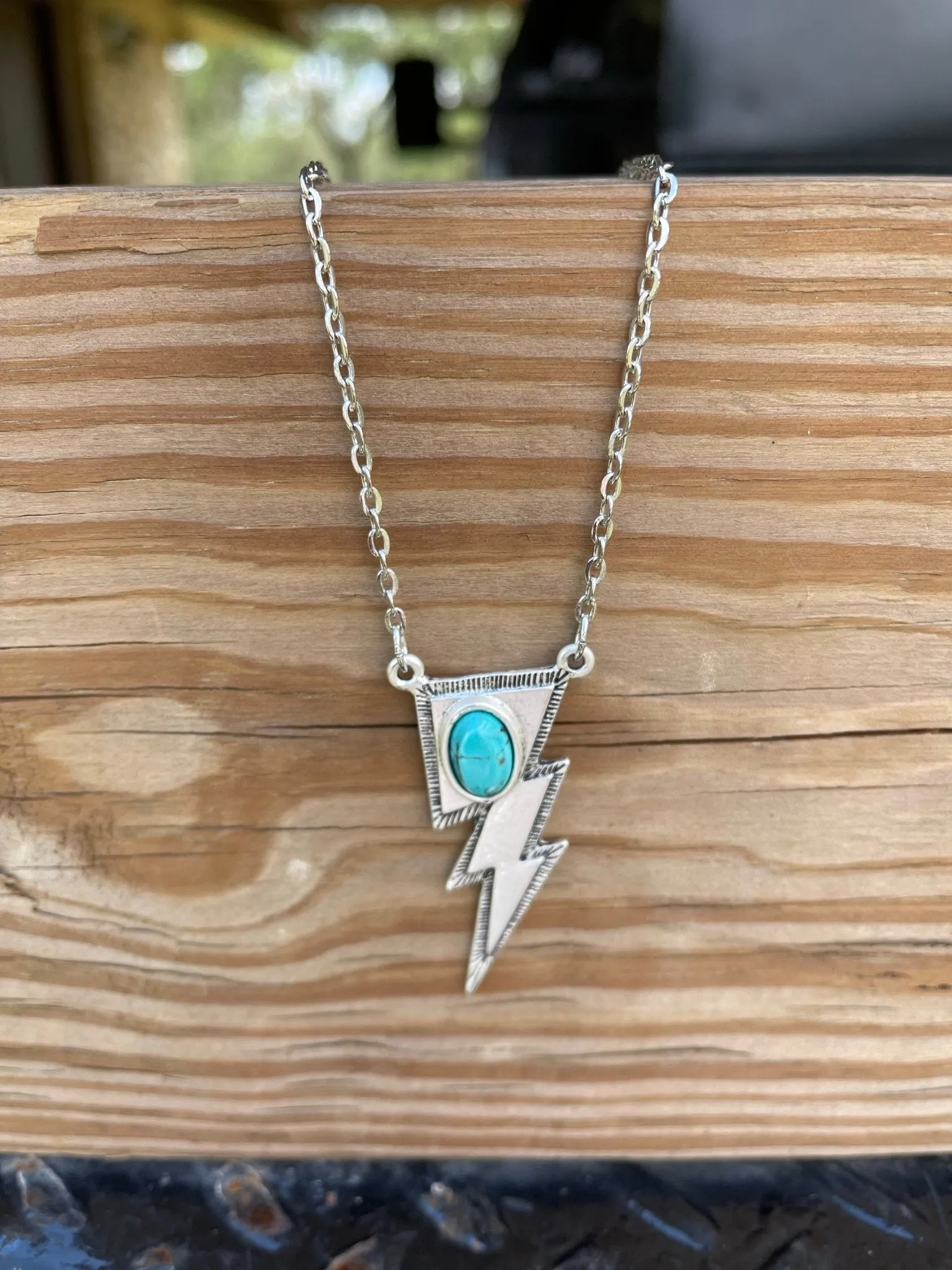 Silvertone Bolt Necklace with Turquoise Stone