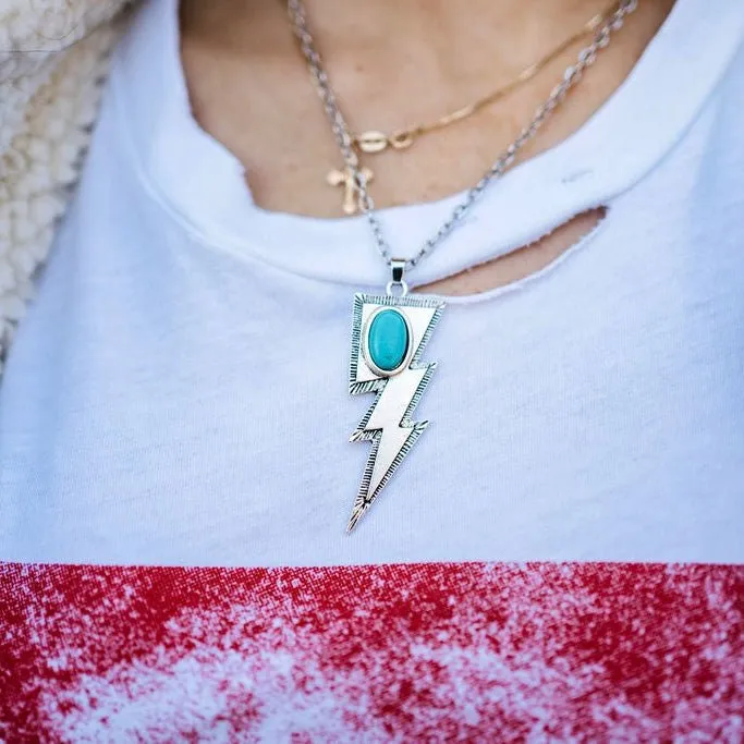 Silvertone Bolt Necklace with Turquoise Stone