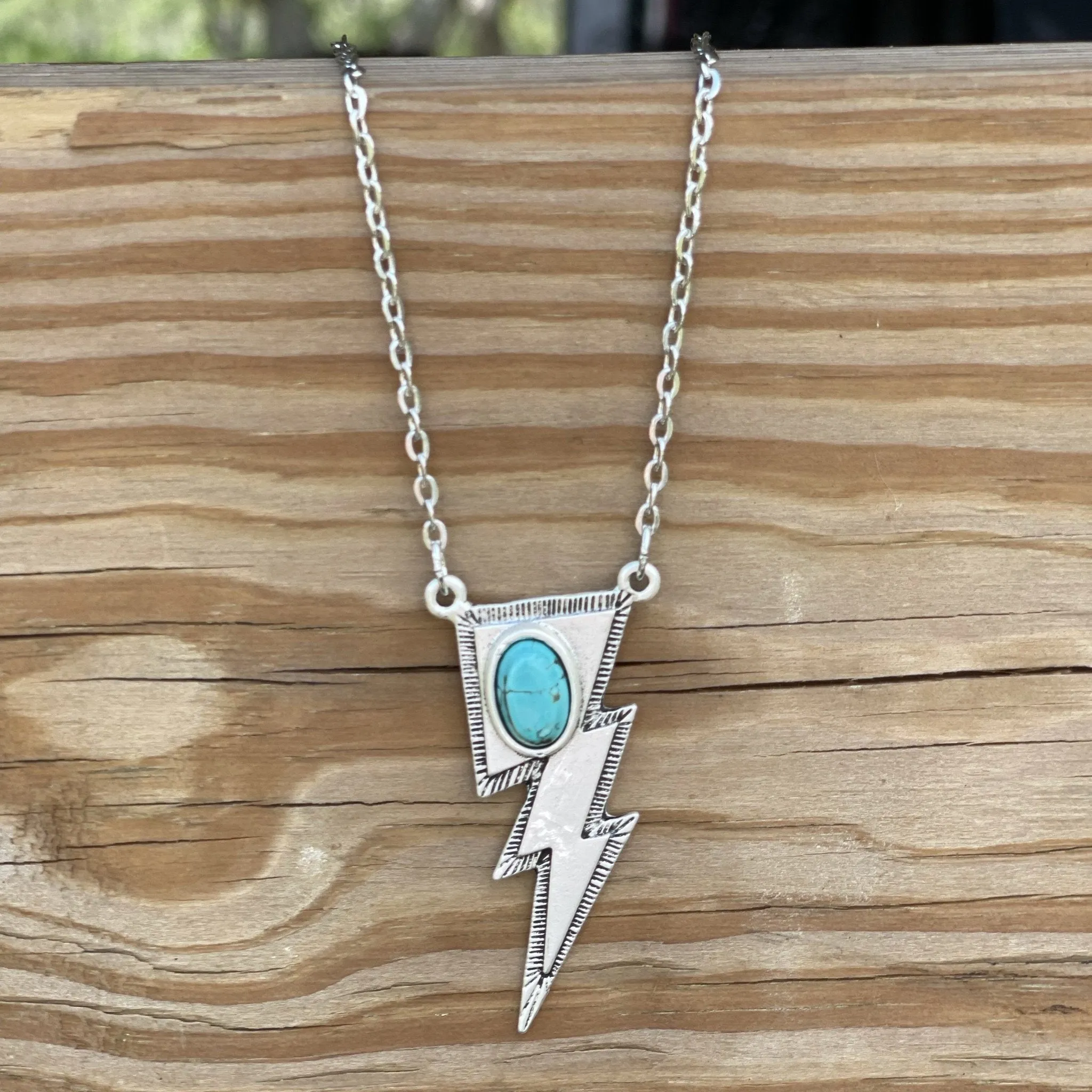 Silvertone Bolt Necklace with Turquoise Stone