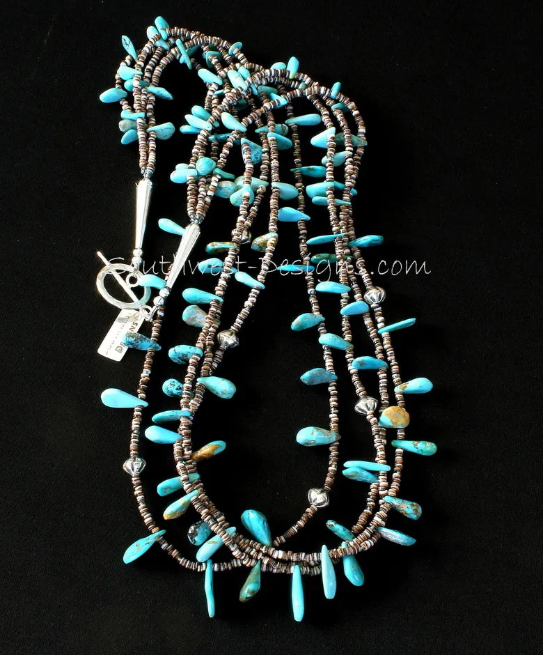 Sleeping Beauty Turquoise and Oyster Shell Heishi 4-Strand Necklace with Fluted Sterling Silver Bicones and Sterling Cones & Toggle Clasp