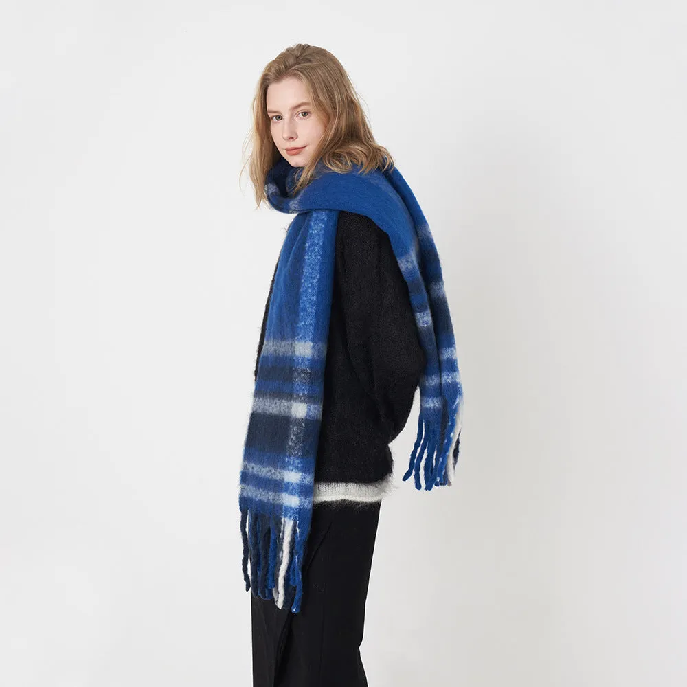 Soft Warm Checkered Tassel Mohair Cashmere Scarf Shawl