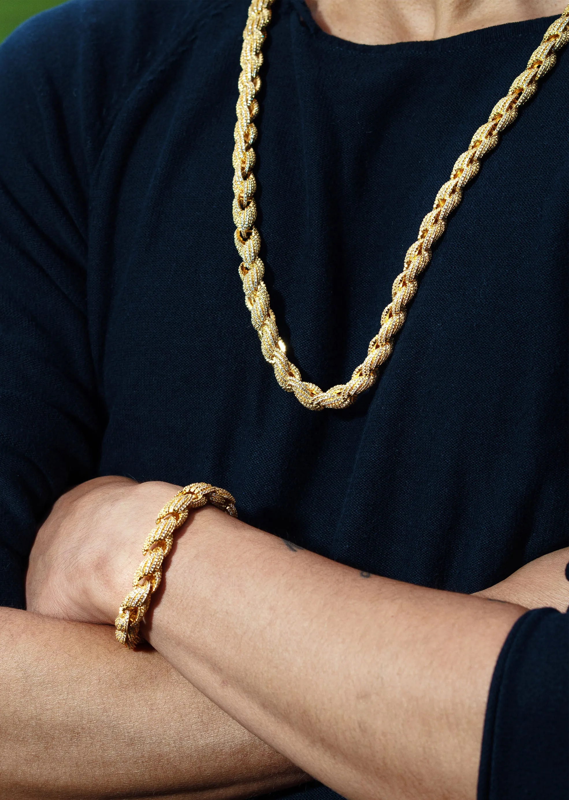 Solid Gold Iced Out Rope Chain & Bracelet ( 10 Mm )