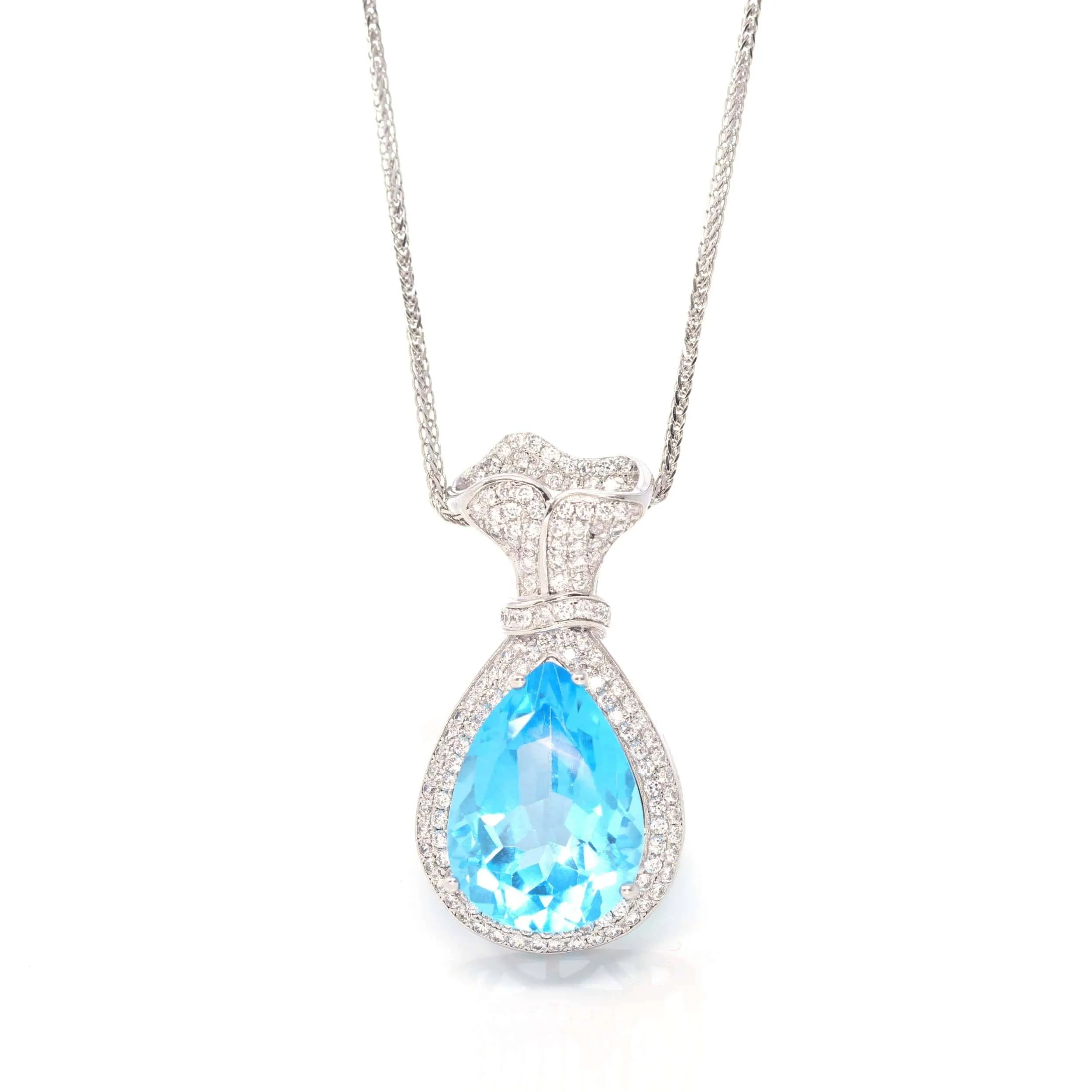 Sterling Silver AA Natural Topaz Luxury Money Bag Pendant Necklace With CZ