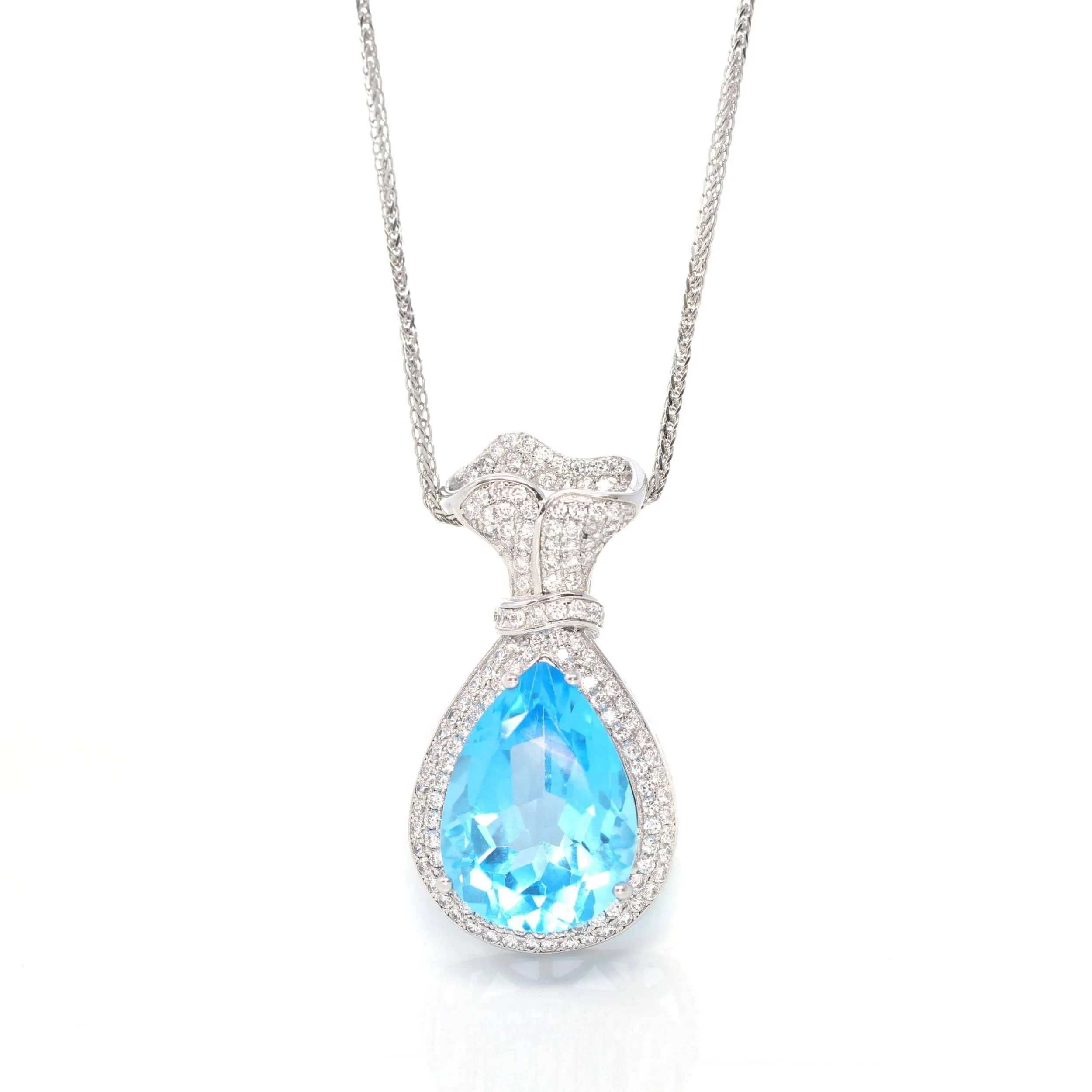 Sterling Silver AA Natural Topaz Luxury Money Bag Pendant Necklace With CZ