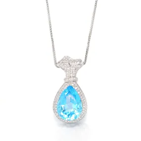 Sterling Silver AA Natural Topaz Luxury Money Bag Pendant Necklace With CZ