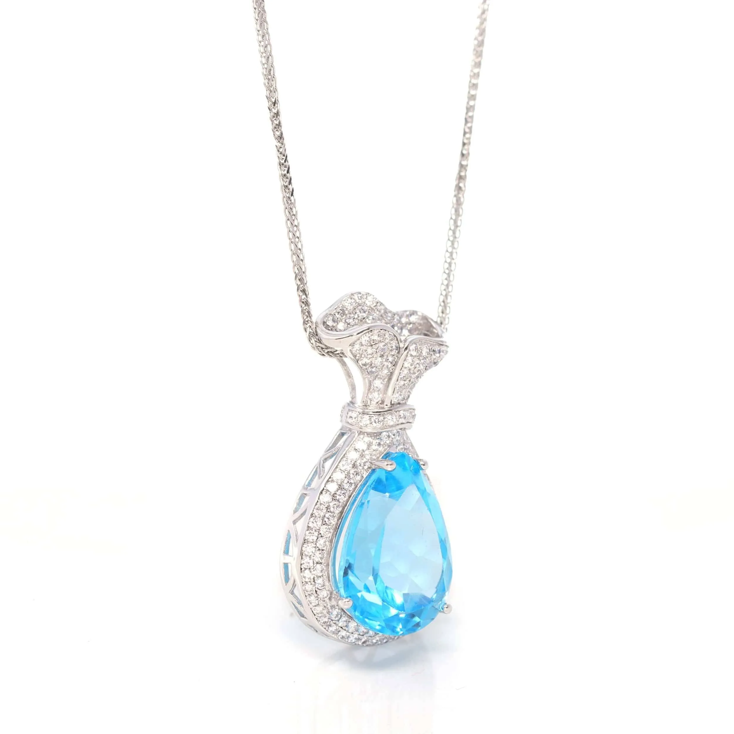 Sterling Silver AA Natural Topaz Luxury Money Bag Pendant Necklace With CZ