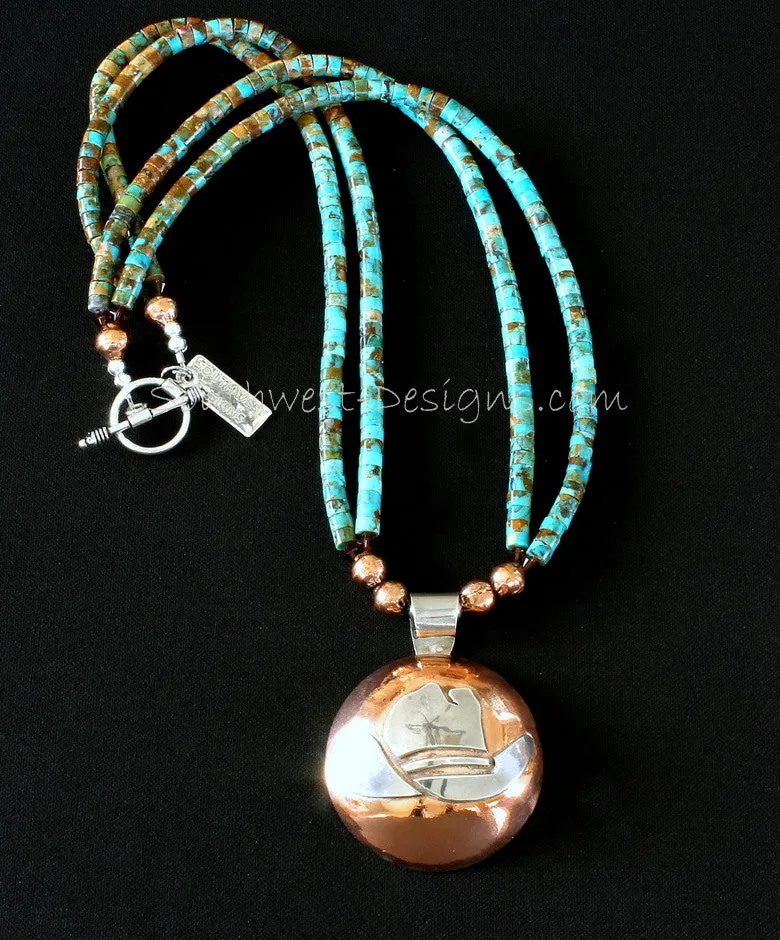 Sterling Silver and Copper Domed Cowboy Hat Pendant with 2 Strands of Kingman Turquoise Heishi, Copper & Sterling