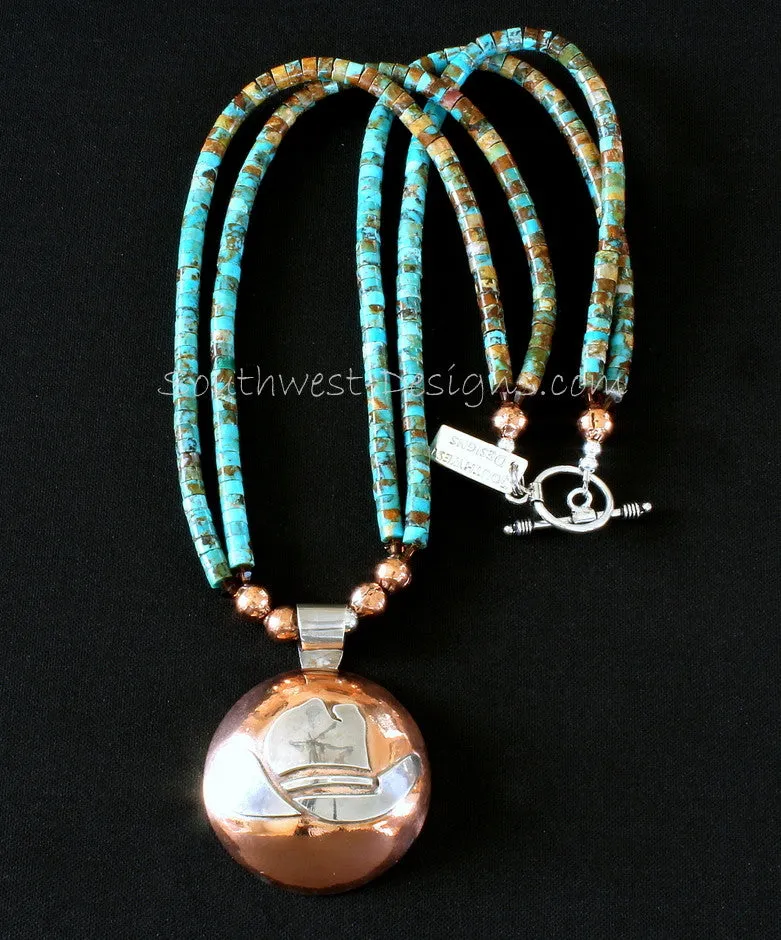 Sterling Silver and Copper Domed Cowboy Hat Pendant with 2 Strands of Kingman Turquoise Heishi, Copper & Sterling