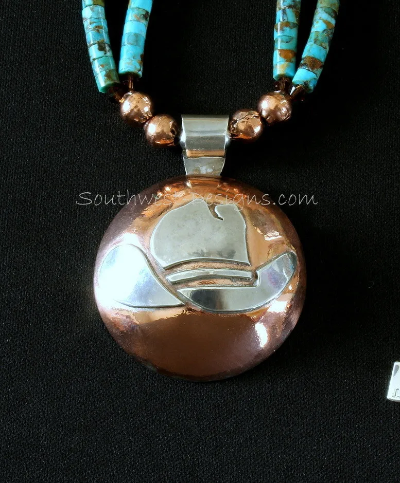 Sterling Silver and Copper Domed Cowboy Hat Pendant with 2 Strands of Kingman Turquoise Heishi, Copper & Sterling