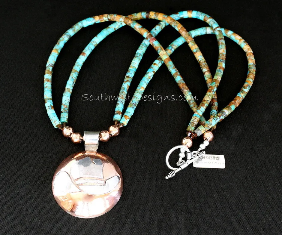 Sterling Silver and Copper Domed Cowboy Hat Pendant with 2 Strands of Kingman Turquoise Heishi, Copper & Sterling