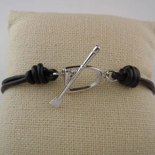 Sterling Silver Stirrup and Crop Toggle on Leather Bracelet