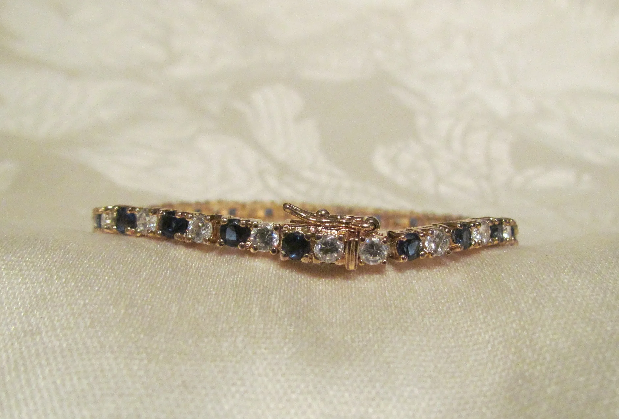 Sterling Silver Tennis Bracelet Sparkling Crystal & Sapphire Bracelet Gold Sterling Hallmarked