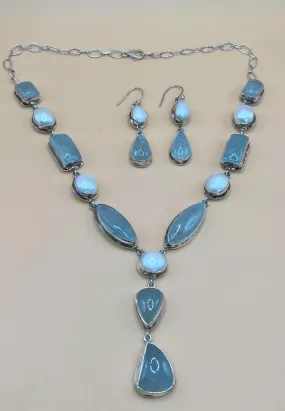 Sterling Silver Tibetan Blue Aquamarine with Pearl Necklace and Earring Set