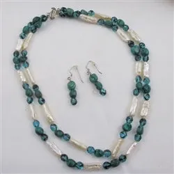 Stick Pearl and Turquoise Double Strand Necklace and Earrings