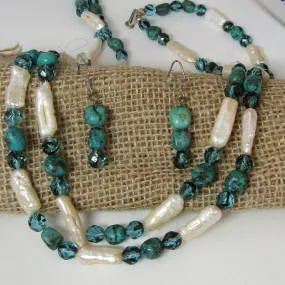 Stick Pearl and Turquoise Double Strand Necklace and Earrings