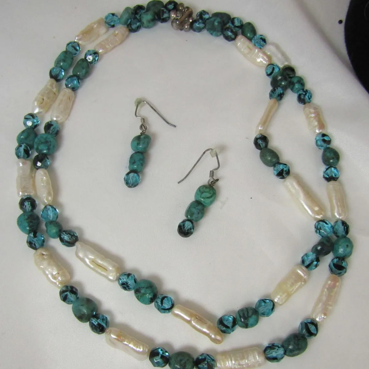 Stick Pearl and Turquoise Double Strand Necklace and Earrings