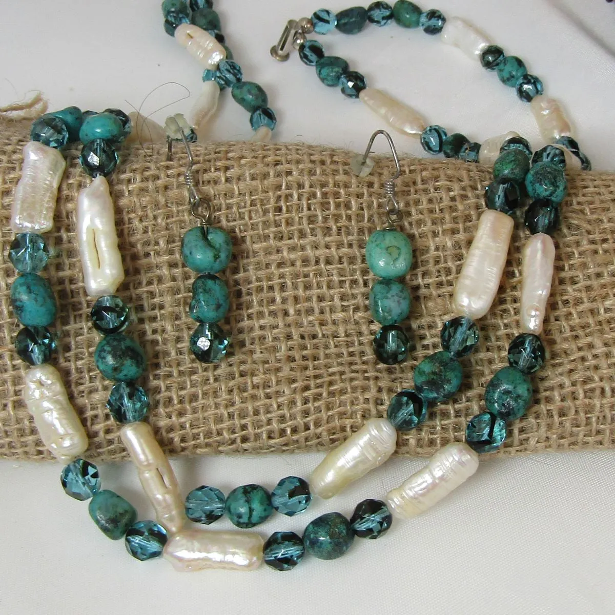 Stick Pearl and Turquoise Double Strand Necklace and Earrings