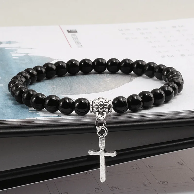 Stone Bead Religious Bracelet with Cross Charm