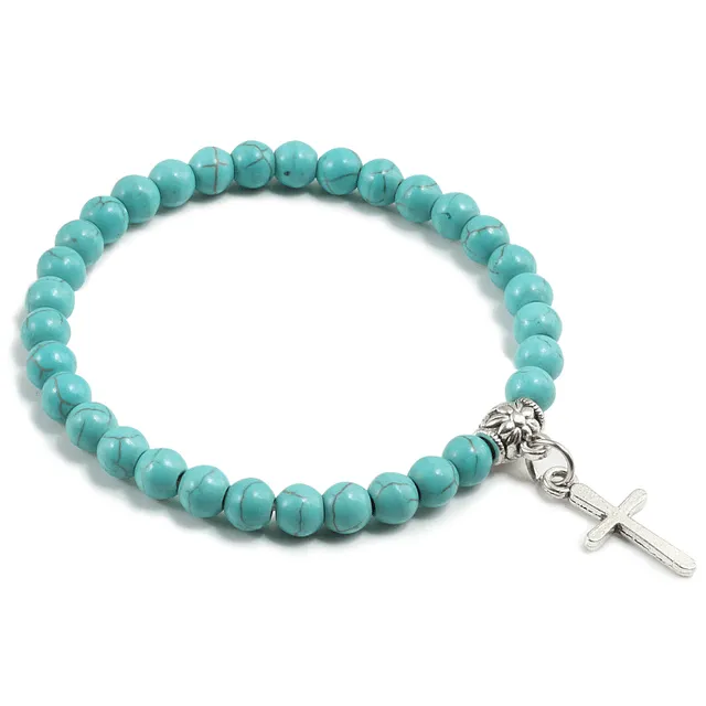 Stone Bead Religious Bracelet with Cross Charm