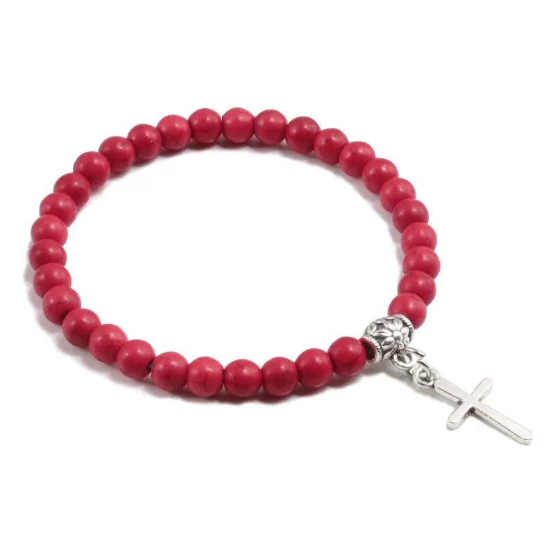 Stone Bead Religious Bracelet with Cross Charm