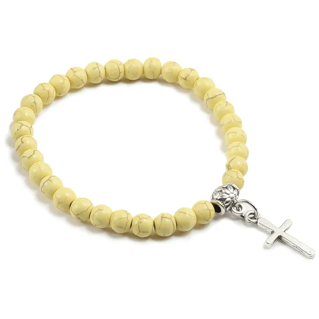 Stone Bead Religious Bracelet with Cross Charm