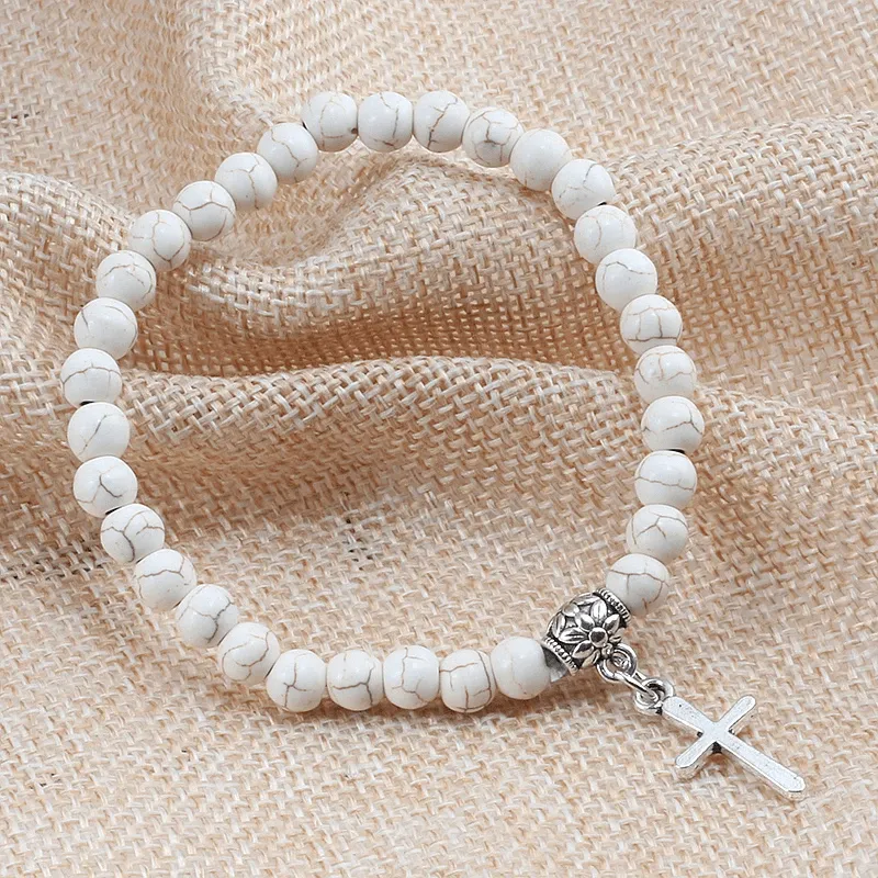 Stone Bead Religious Bracelet with Cross Charm