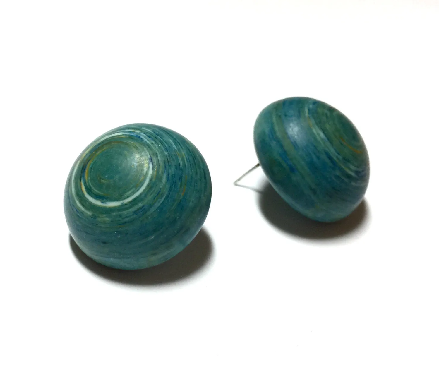 Teal Stud Earrings | Aqua Blue Marbled Bold Earrings | Retro Button Studs | vintage lucite