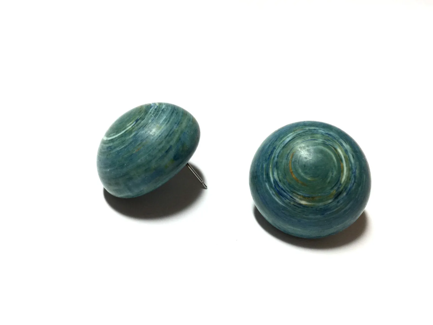 Teal Stud Earrings | Aqua Blue Marbled Bold Earrings | Retro Button Studs | vintage lucite