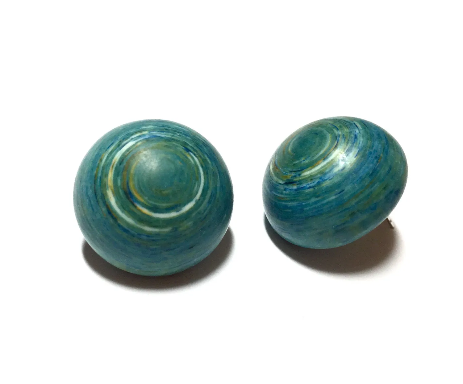 Teal Stud Earrings | Aqua Blue Marbled Bold Earrings | Retro Button Studs | vintage lucite