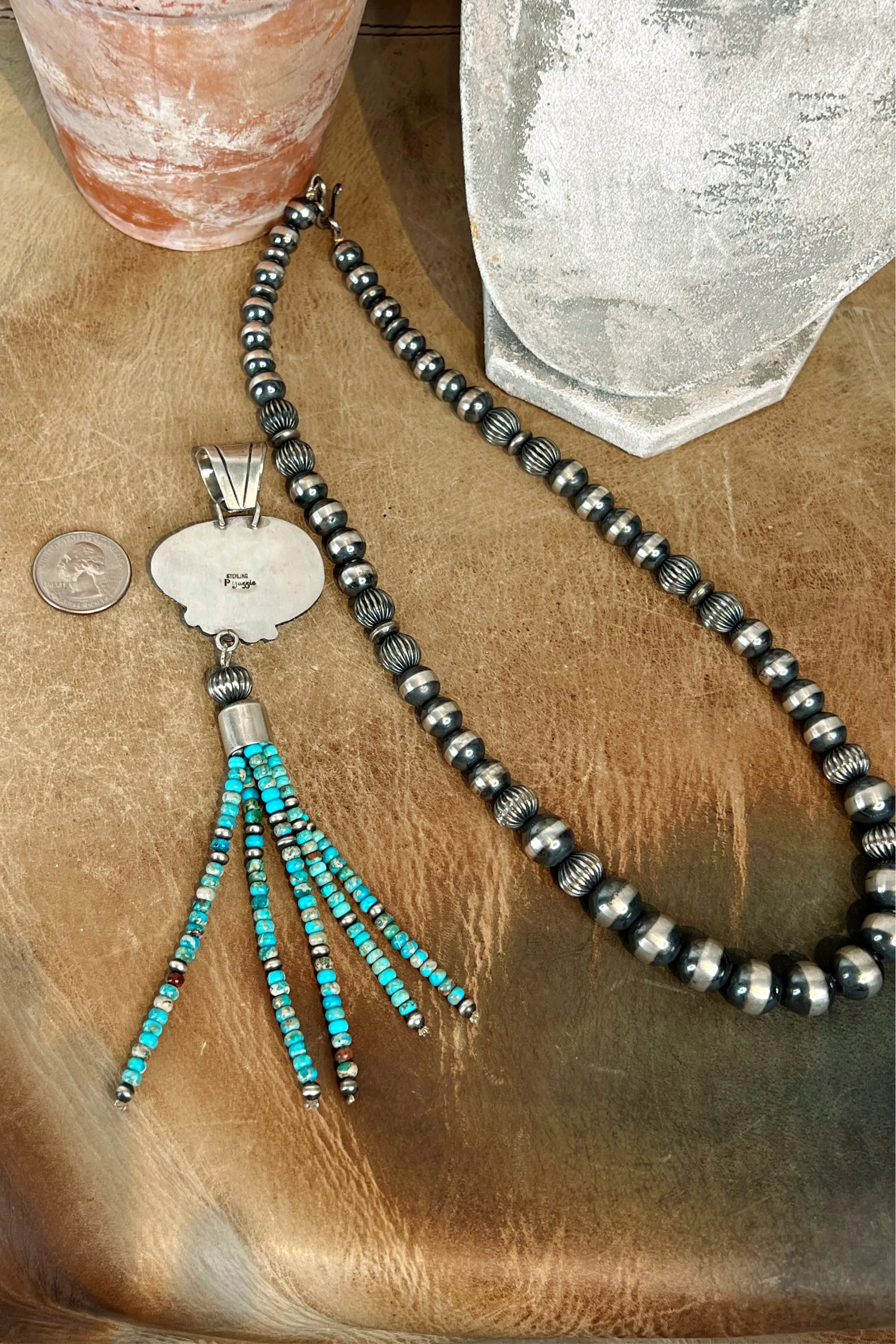 The Sterling Silver Pearl Necklace & Turquoise Tassel Pendant Set