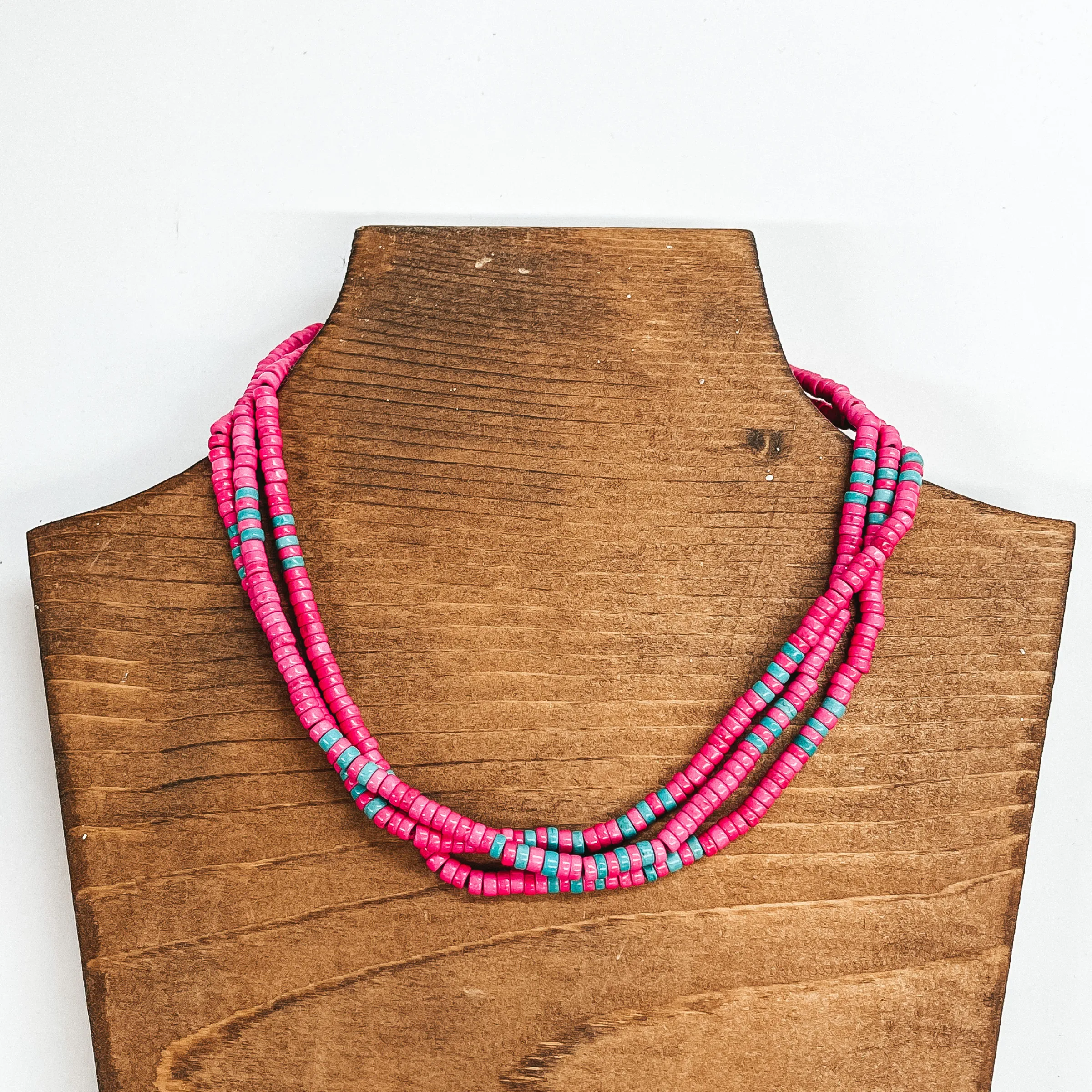 Trend Maker Three Strand Pink Beaded Choker Necklace with Turquoise Beads