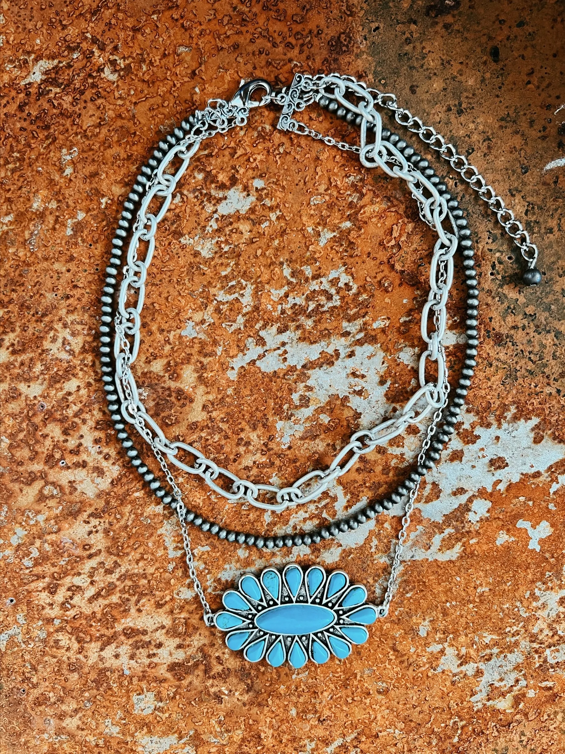 Triple Strand Necklace With Big Turquoise Squash