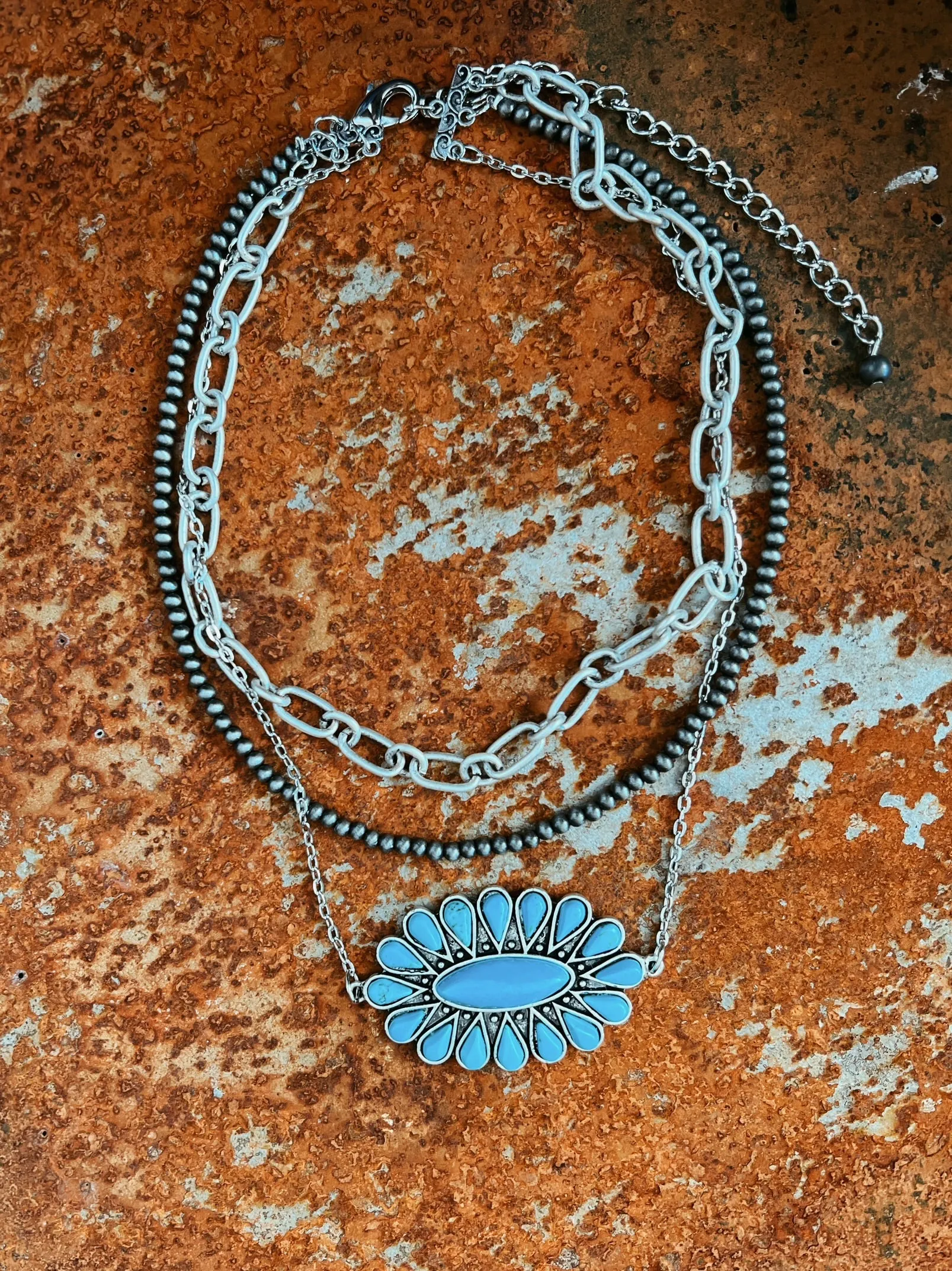 Triple Strand Necklace With Big Turquoise Squash