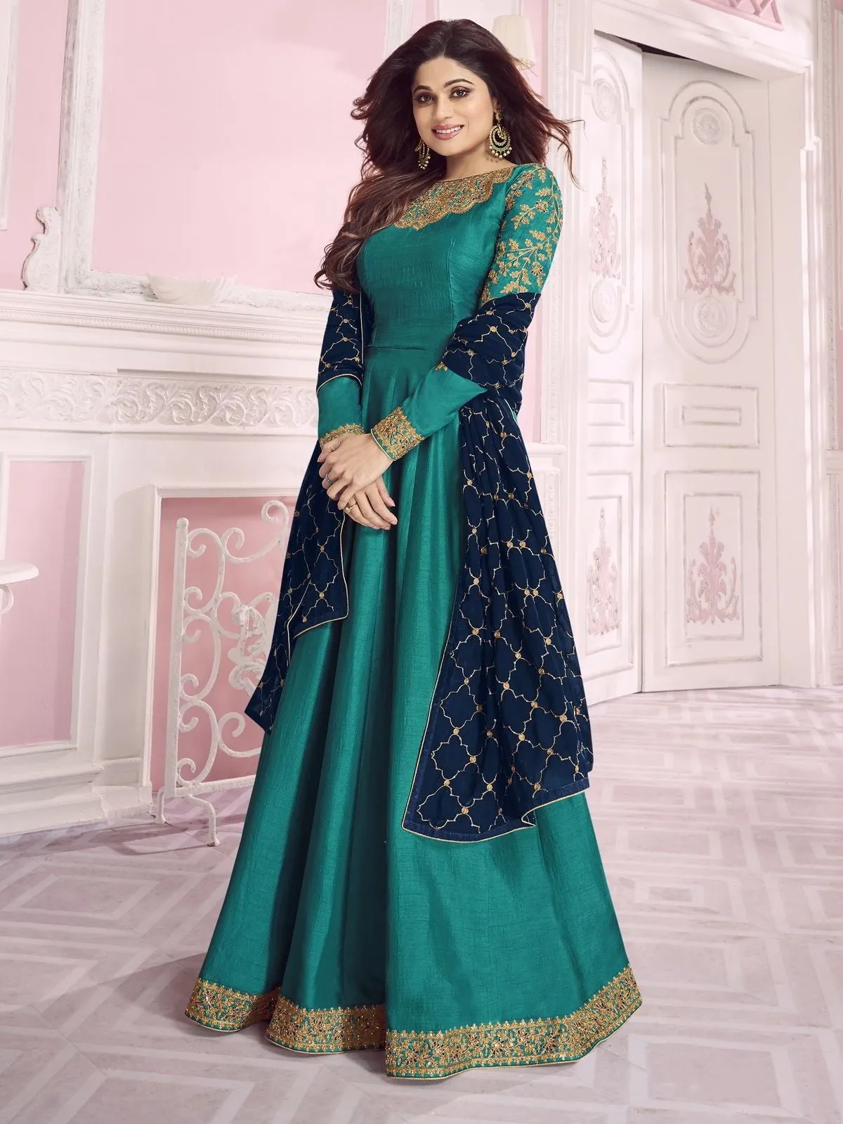 Turquoise And Blue Traditional Embroidered Anarkali Suit