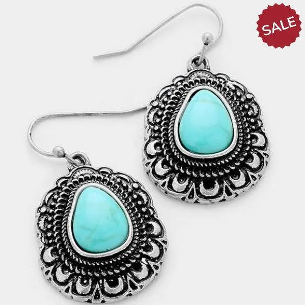 Turquoise (Faux) Pear Shaped Antique Silver Earrings