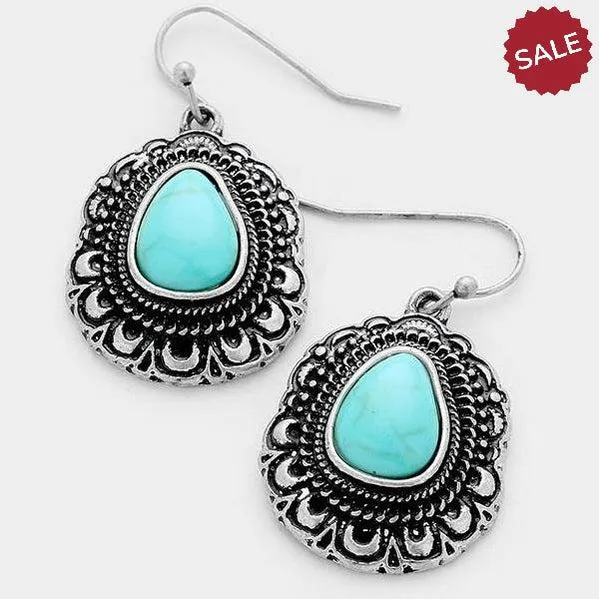 Turquoise (Faux) Pear Shaped Antique Silver Earrings