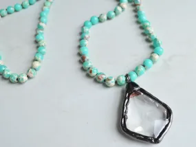 Turquoise Green Long Stone Crystal Glass Pendant Beaded Necklace - San Jose