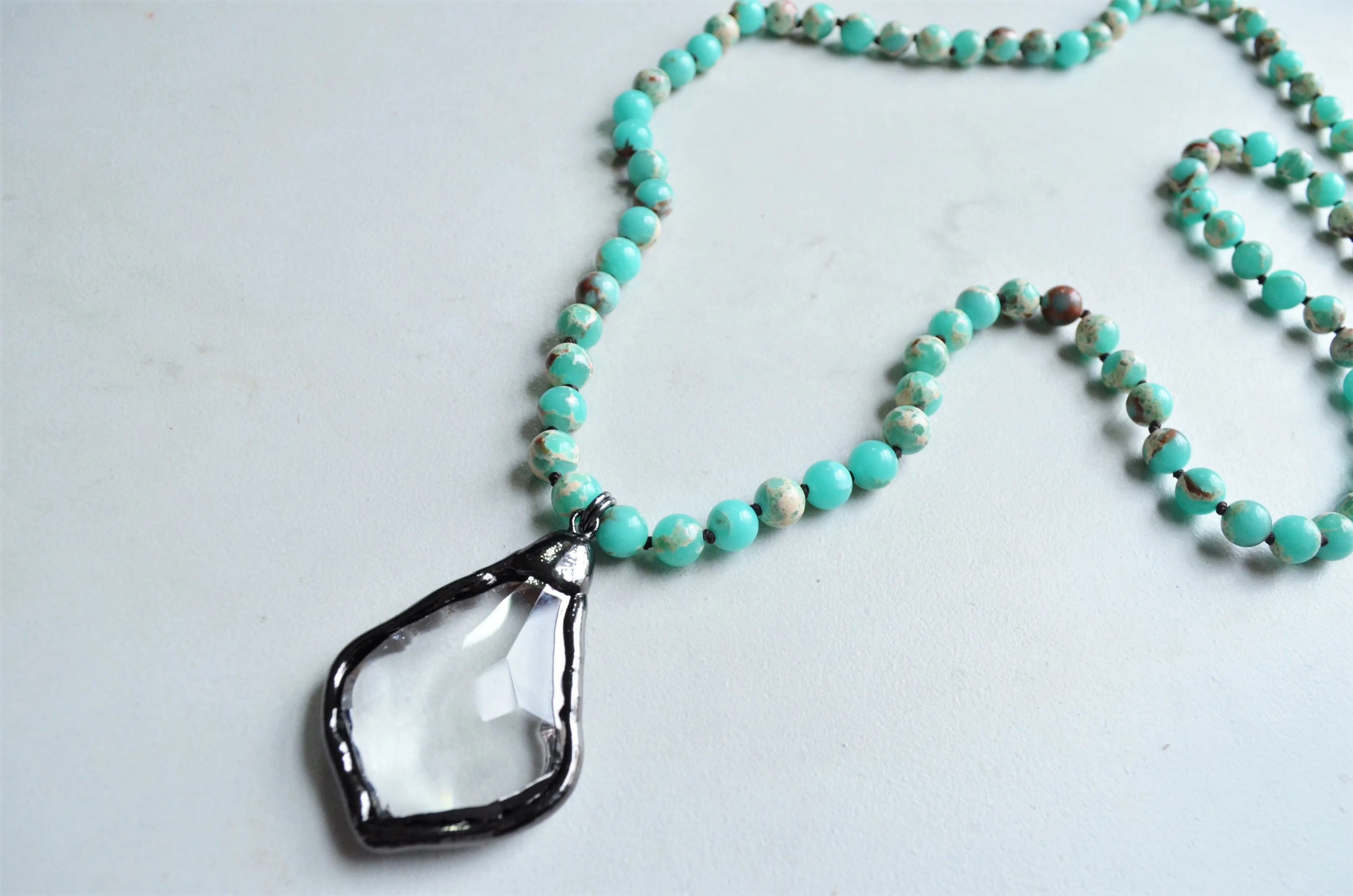 Turquoise Green Long Stone Crystal Glass Pendant Beaded Necklace - San Jose