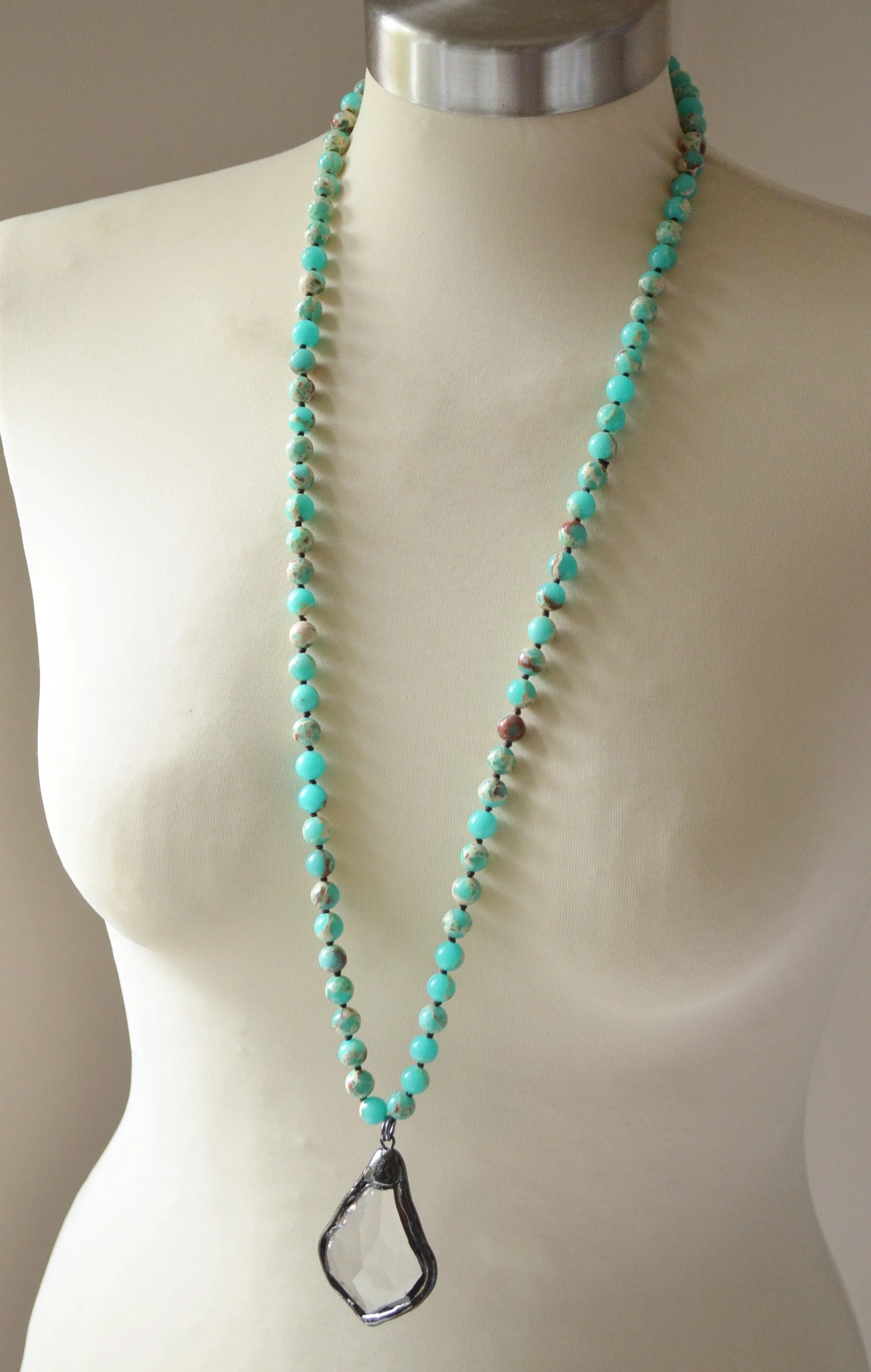 Turquoise Green Long Stone Crystal Glass Pendant Beaded Necklace - San Jose