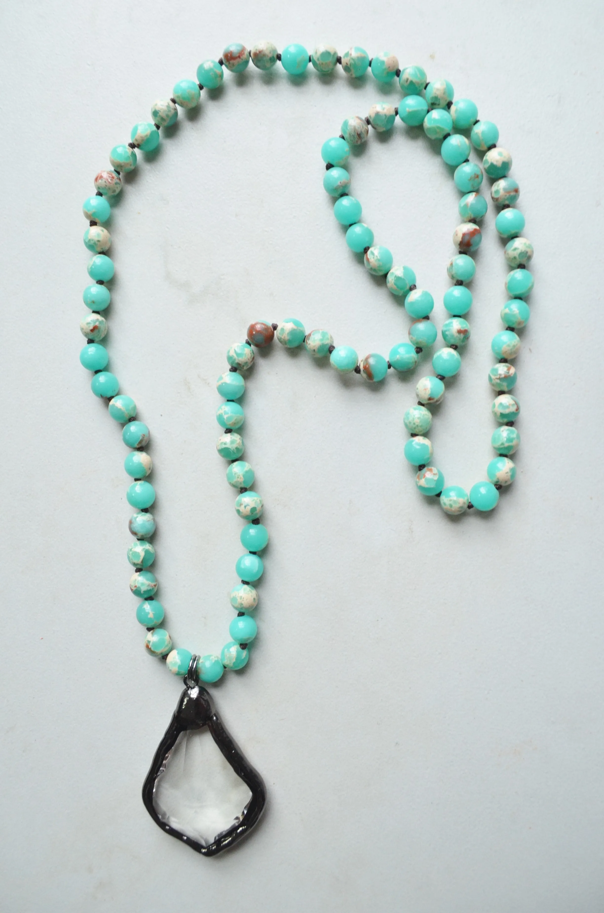 Turquoise Green Long Stone Crystal Glass Pendant Beaded Necklace - San Jose