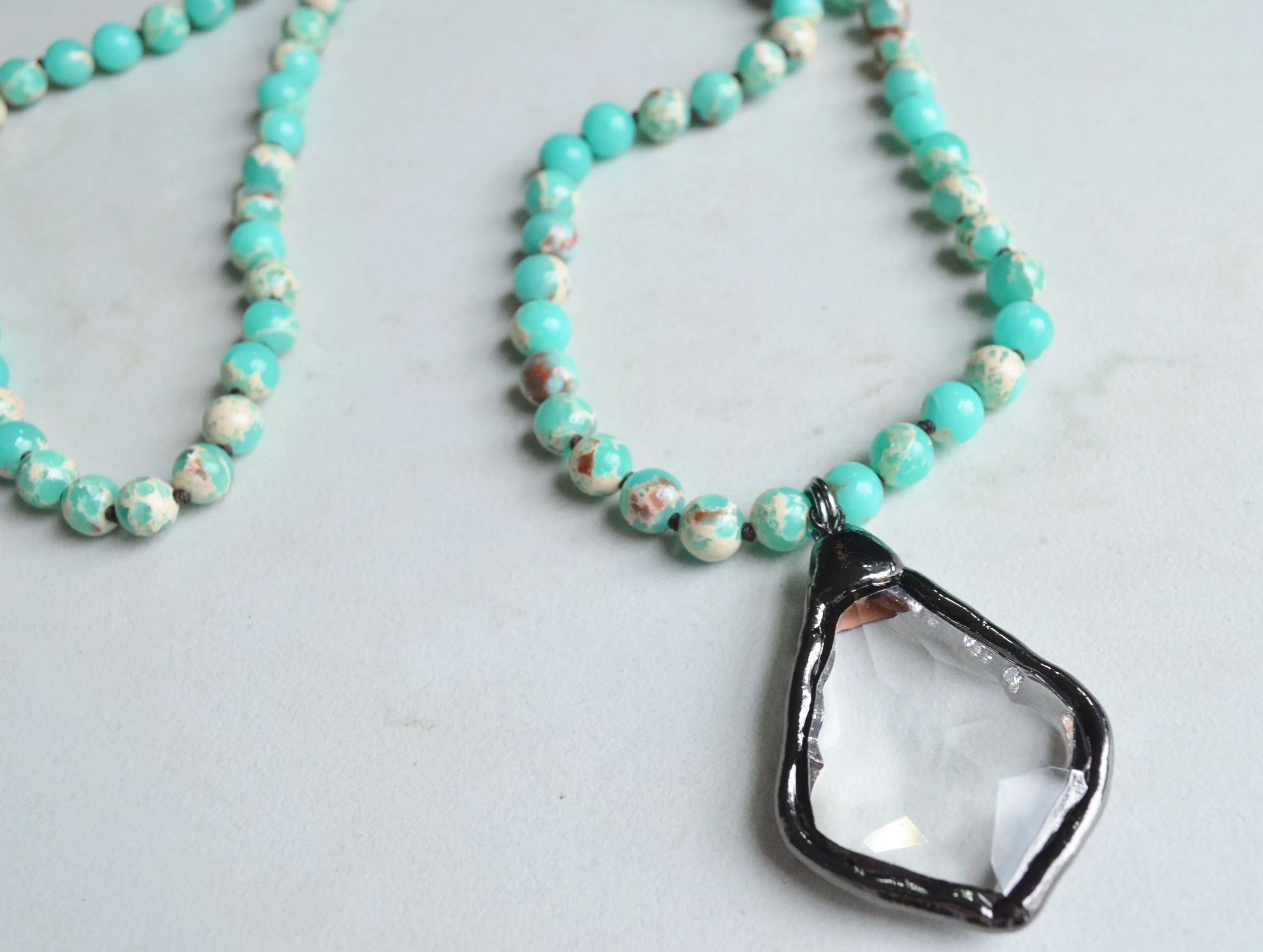 Turquoise Green Long Stone Crystal Glass Pendant Beaded Necklace - San Jose