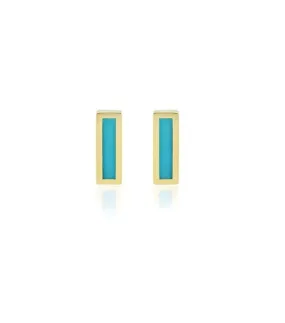 Turquoise Inlay Bar Yellow Gold Stud Earrings