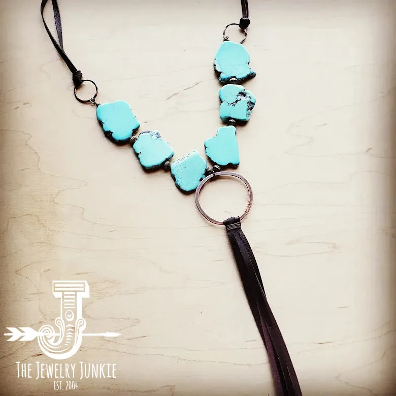 Turquoise Slab Necklace with Genuine Long Leather Tassel 226G