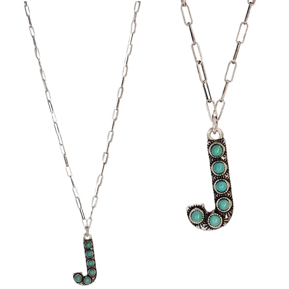 Turquoise Stone Initial "J" Pendant & Chain Link Necklace