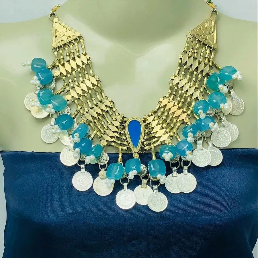 Turquoise Stone With Coins Choker Necklace