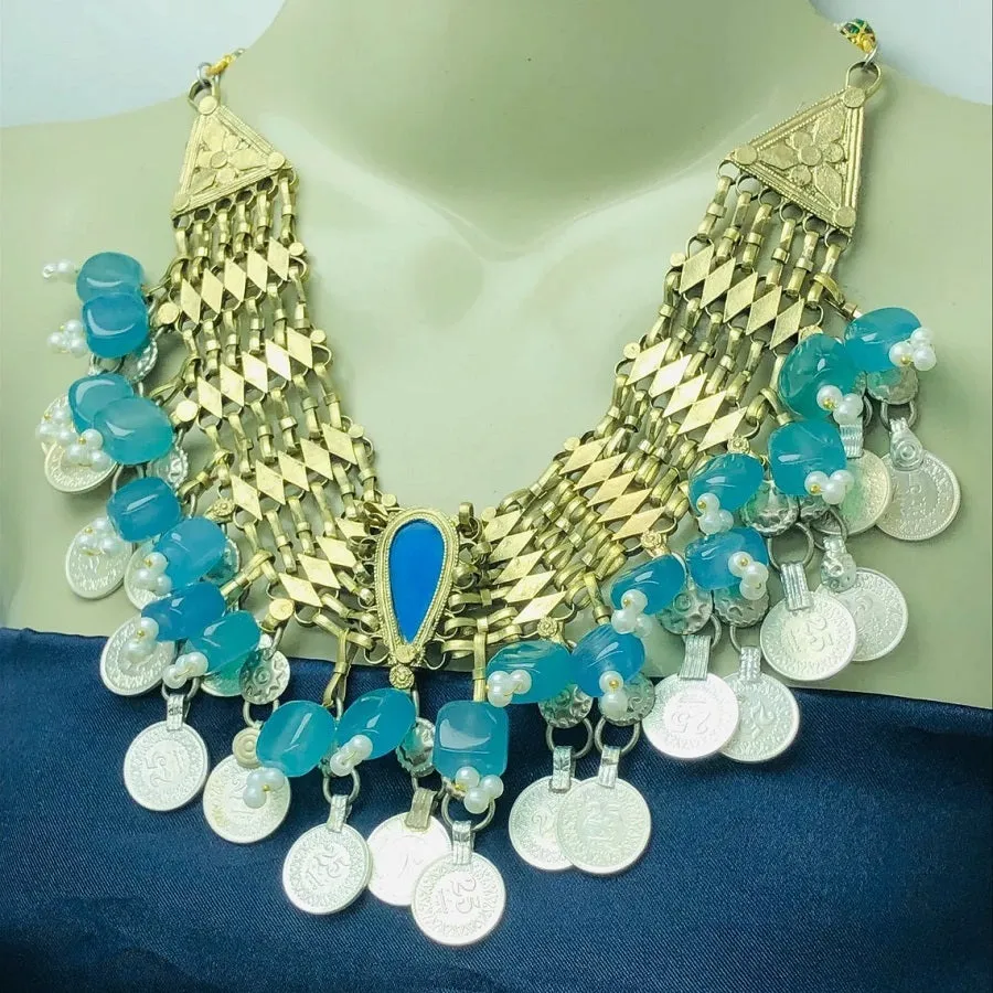 Turquoise Stone With Coins Choker Necklace