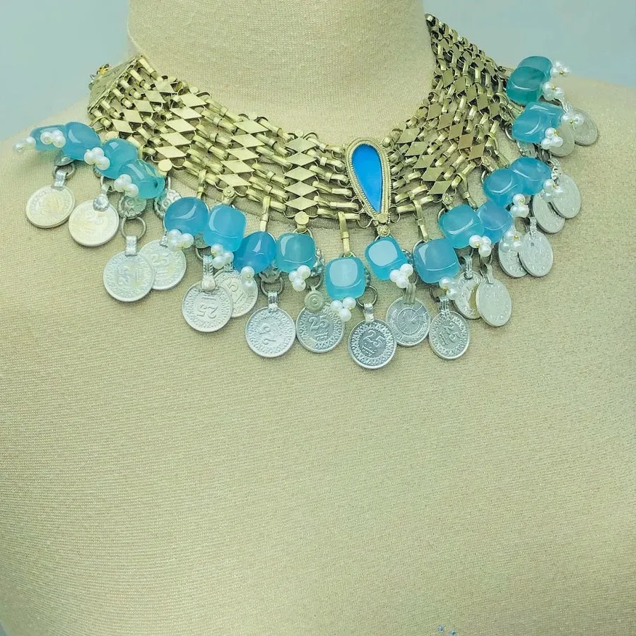 Turquoise Stone With Coins Choker Necklace