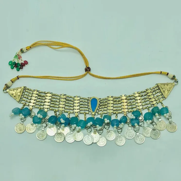 Turquoise Stone With Coins Choker Necklace