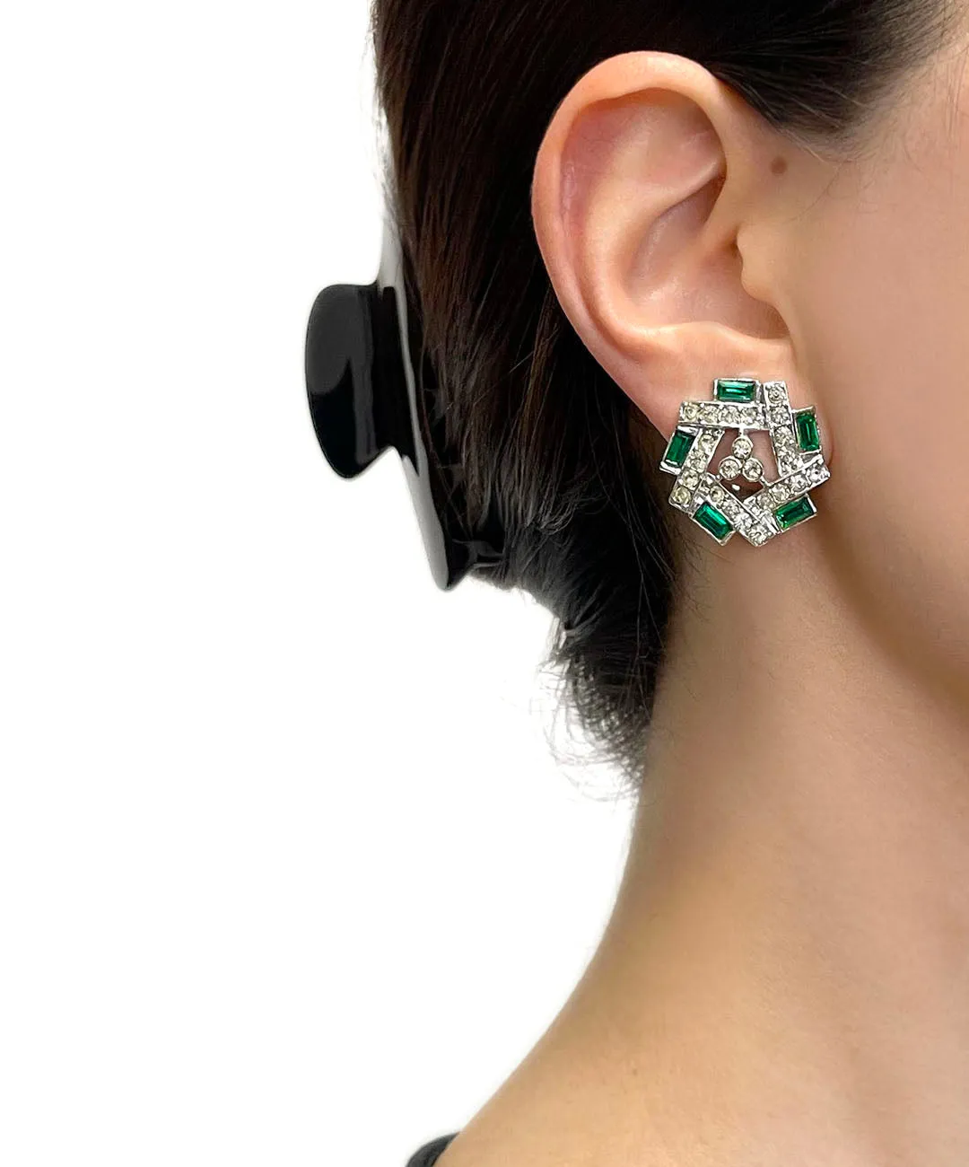 【UK買付】ヴィンテージ SARAH COV. エメラルド クリア ビジュー イヤリング/Vintage SARAH COV. Emerald Bijou Clip On Earrings