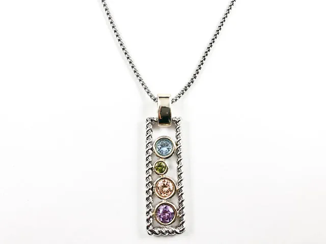 Unique Wire Texture Tall Vertical Bar With Loose Multi Color CZ Brass Necklace